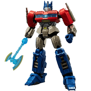 Transformers action figure with blue axe on a white background