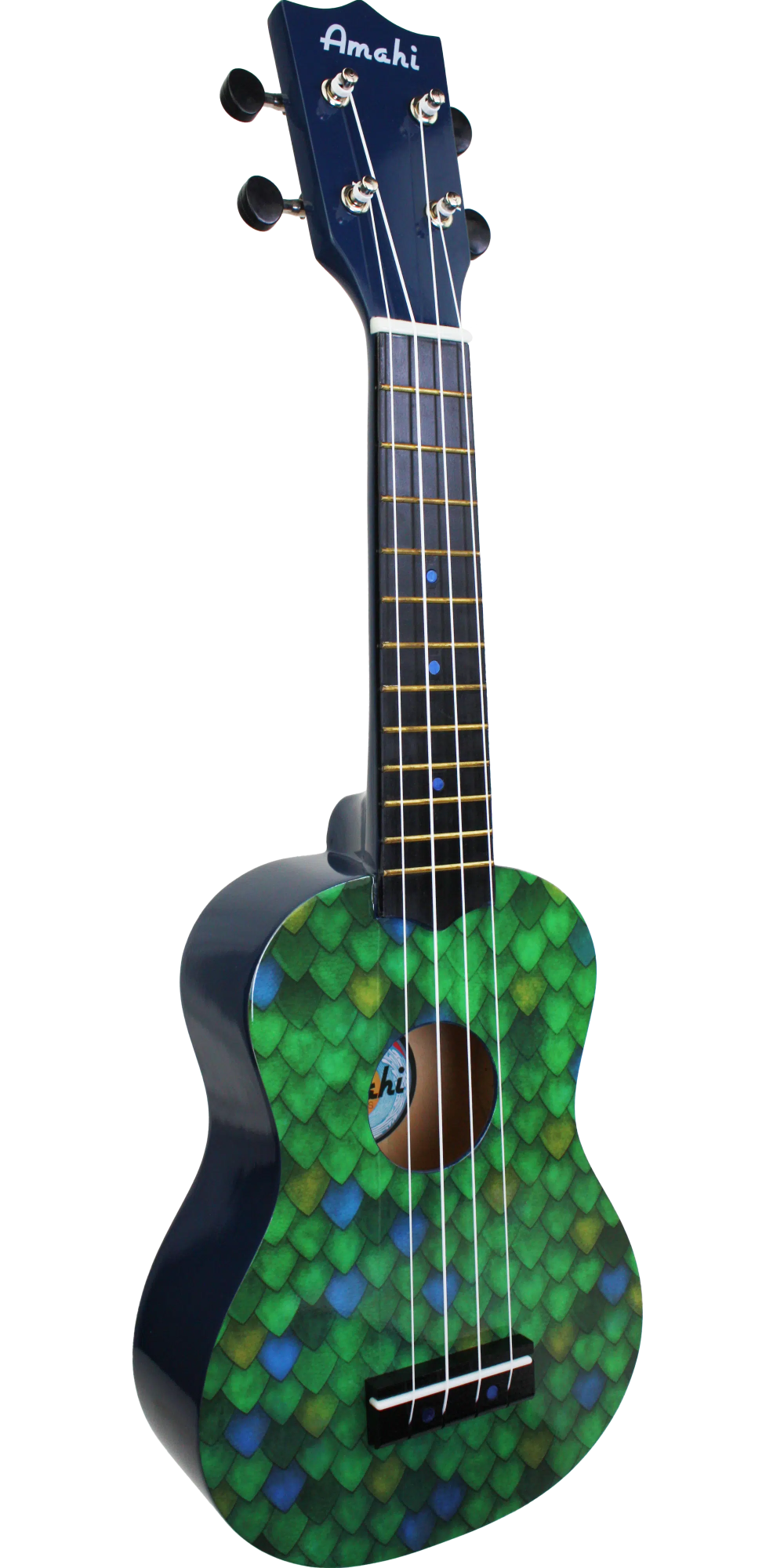 Green and blue ukulele with a pattern on a white background