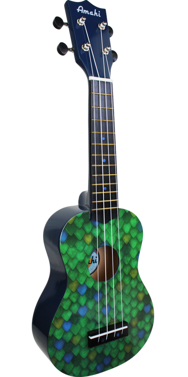 Green and blue ukulele with a pattern on a white background