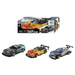 Four toy cars in front of their packaging on a white background