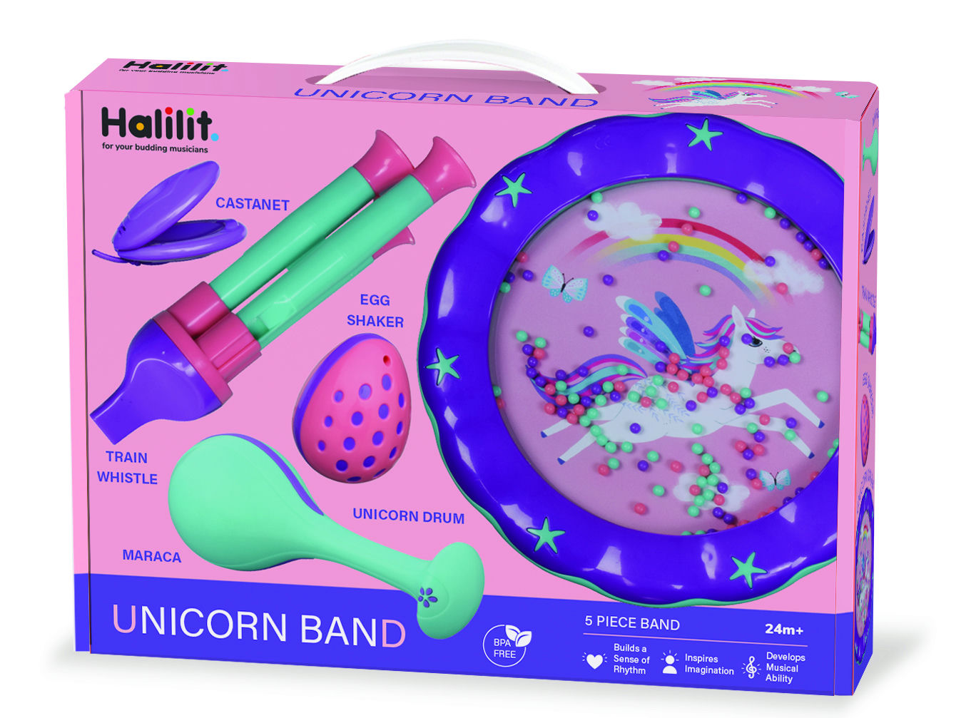 Box of Halilit Unicorn Band educational toys with colorful design on a white background