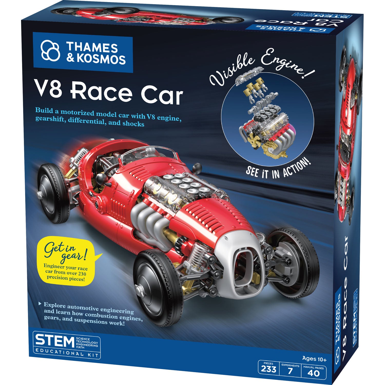 Thames & Kosmos V8 Race Car STEM educational kit box, showing a red model race car with exposed engine parts and product features on a white background.