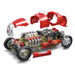 Model car chassis with red and silver components on a white background