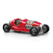 Red vintage-style model car on a white background