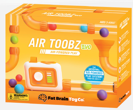 Box of Air Toobz Evo toy set with colorful pipes and balls on an orange background.
