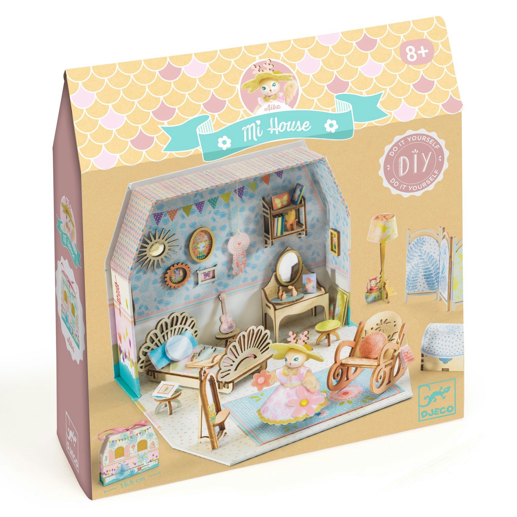Diy dollhouse kit packaging with illustrations of a dollhouse and furniture on a white background