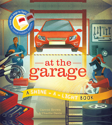 Book cover of 'At the Garage' with a garage scene and tools.