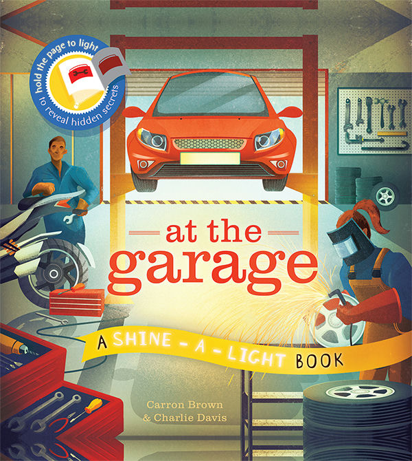 Book cover of 'At the Garage' with a garage scene and tools.