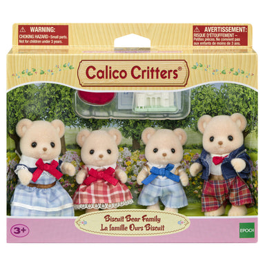 Calico Critters Biscuit Bear Family packaging with four teddy bears in front of a garden background.