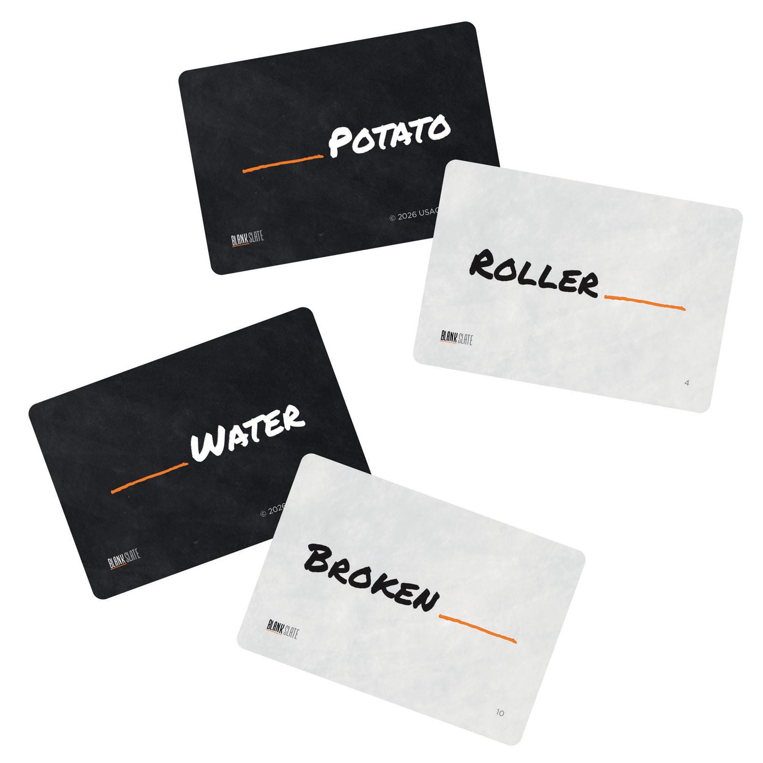 Four rectangular cards arranged on a white background, two black and two white, each with a handwritten-style word on them: POTATO, ROLLER, WATER, and BROKEN. Small text at the bottom of the black cards reads BURN LIFE.