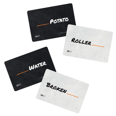 Four rectangular cards arranged on a white background, two black and two white, each with a handwritten-style word on them: POTATO, ROLLER, WATER, and BROKEN. Small text at the bottom of the black cards reads BURN LIFE.