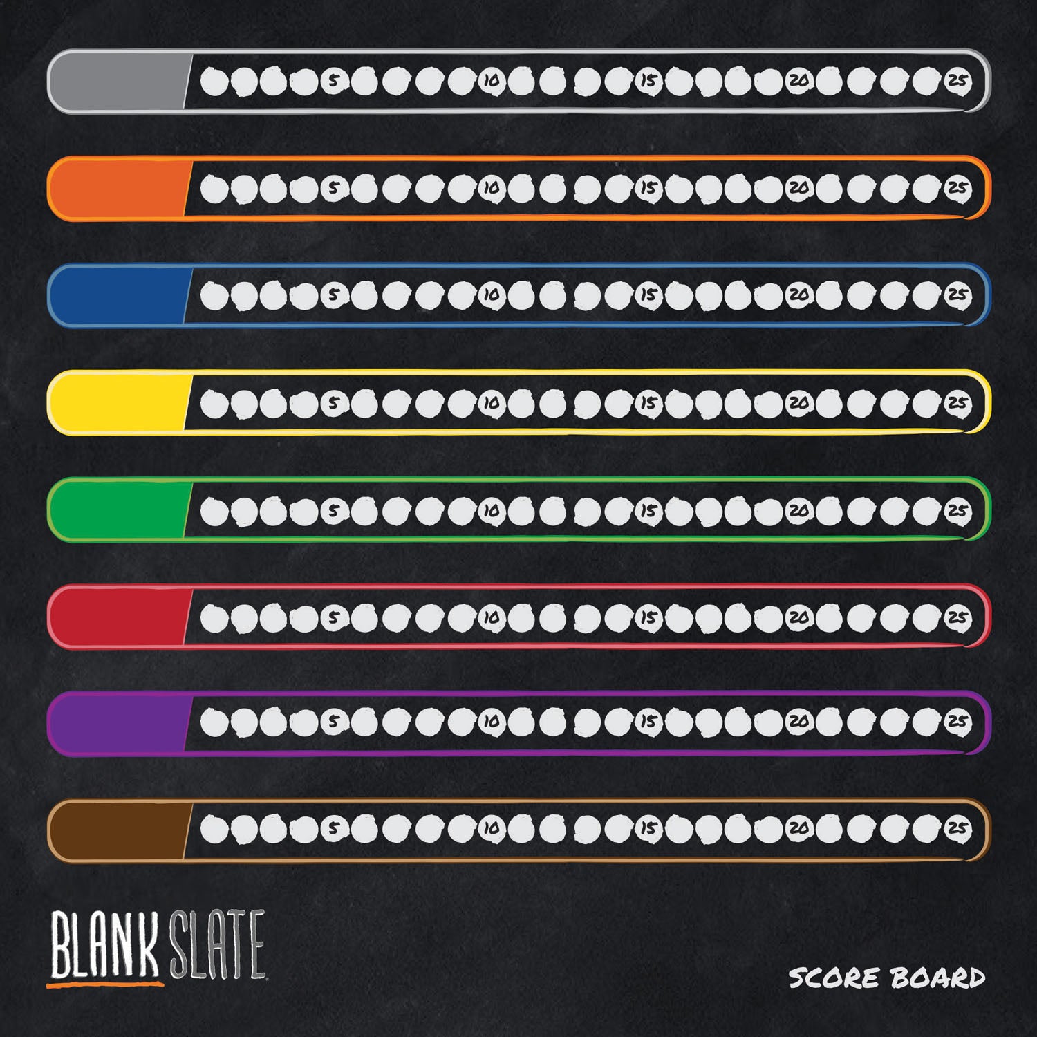 A digital graphic of a 'Blank Slate' score board on a dark chalkboard background, featuring seven colored bars in gray, orange, blue, yellow, green, red, and purple, each with rows of blank white letter tiles.