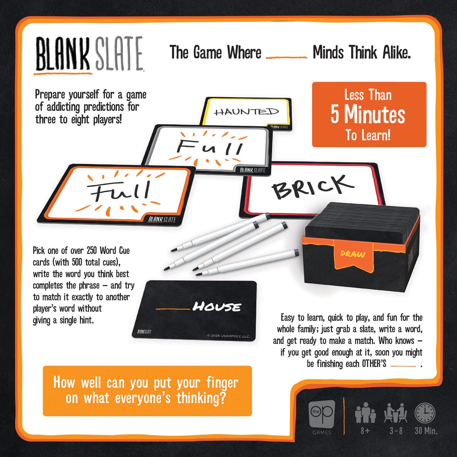Blank Slate game board setup shown on a branded product card. The image includes the game box, several white markers, multiple white game boards with handwritten words like Full, HAUNTED, and BRICK, a black card deck box labeled DRAW, and a black game board piece labeled HOUSE.