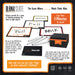 Blank Slate game board setup shown on a branded product card. The image includes the game box, several white markers, multiple white game boards with handwritten words like Full, HAUNTED, and BRICK, a black card deck box labeled DRAW, and a black game board piece labeled HOUSE.