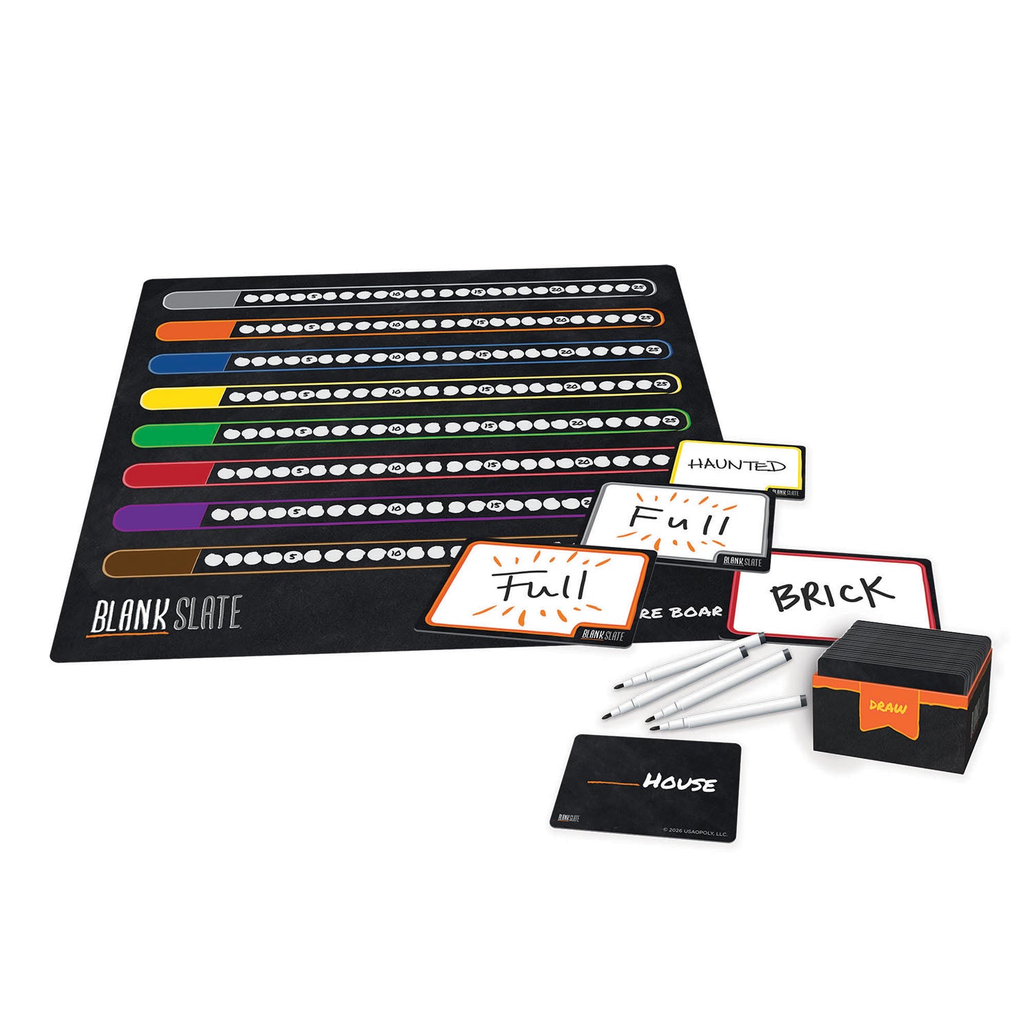 A board game set labeled BLANK SLATE, shown on a clean white background. The set includes a large black game board with colored horizontal bars, several white cards with handwritten text, three silver markers, a small black box with orange accents, and a black card labeled HOUSE.