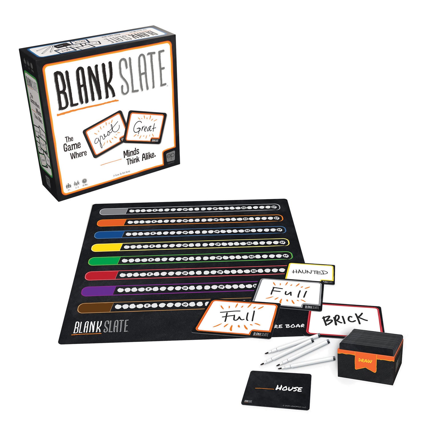 Blank Slate board game set displayed on a white background, including the game box, board, cards, markers, and small storage box.
