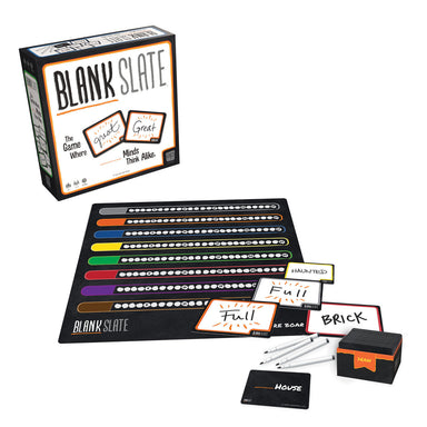 Blank Slate board game set displayed on a white background, including the game box, board, cards, markers, and small storage box.