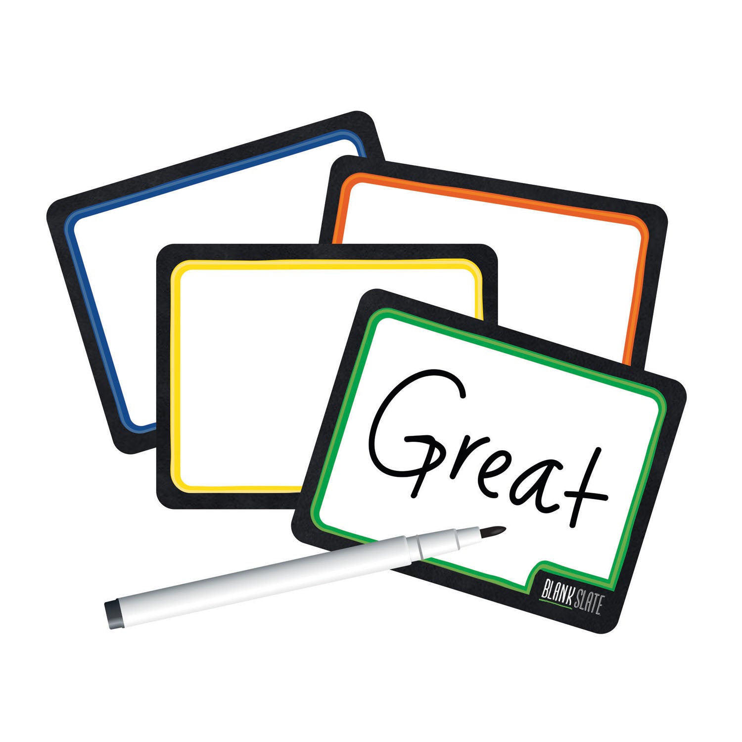 Four small white writing boards with black borders and colored edges in blue, orange, yellow, and green, arranged overlapping on a white background. A white marker with a black tip lies across the front board, which is written with the word "Great" in black script.
