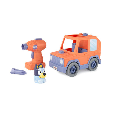 Toy vehicle set with orange car, and small figure on a white background
