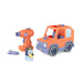 Toy vehicle set with orange car, and small figure on a white background