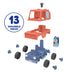 Toy vehicle construction set with 13 buildable pieces on a white background