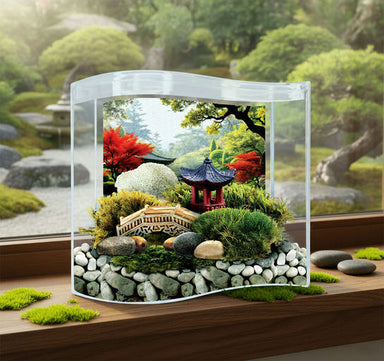 Miniature garden scene with a small pagoda, rocks, and plants inside a transparent box on a wooden surface.