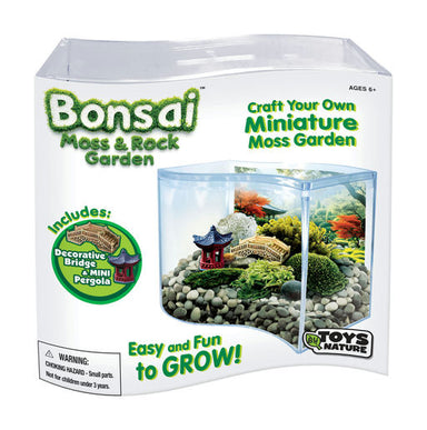 Bonsai Moss & Rock Garden kit packaging with clear window showing miniature garden inside.