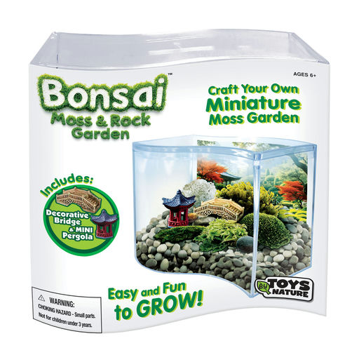 Bonsai Moss & Rock Garden kit packaging with clear window showing miniature garden inside.