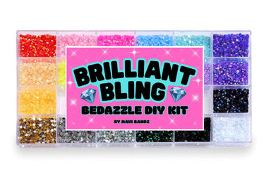 Brilliant Bling bedazzle DIY kit with colorful rhinestones and pink label on a white background