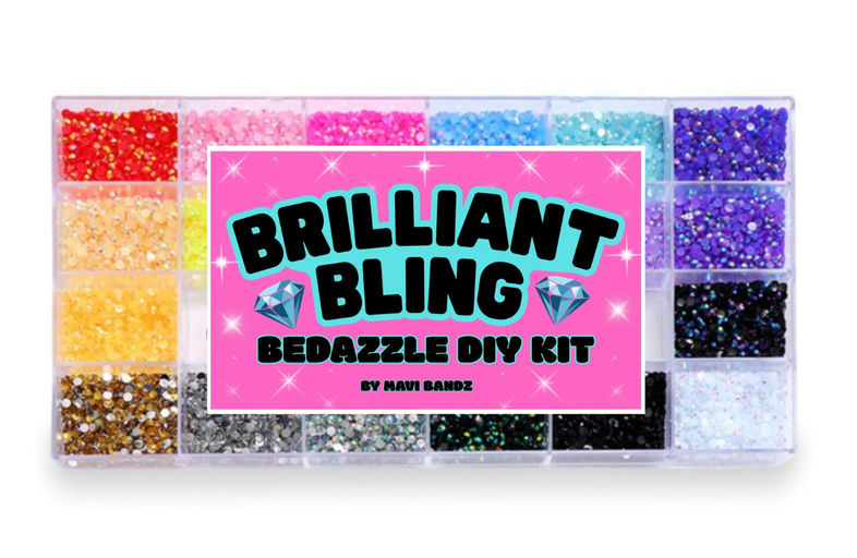 Brilliant Bling bedazzle DIY kit with colorful rhinestones and pink label on a white background