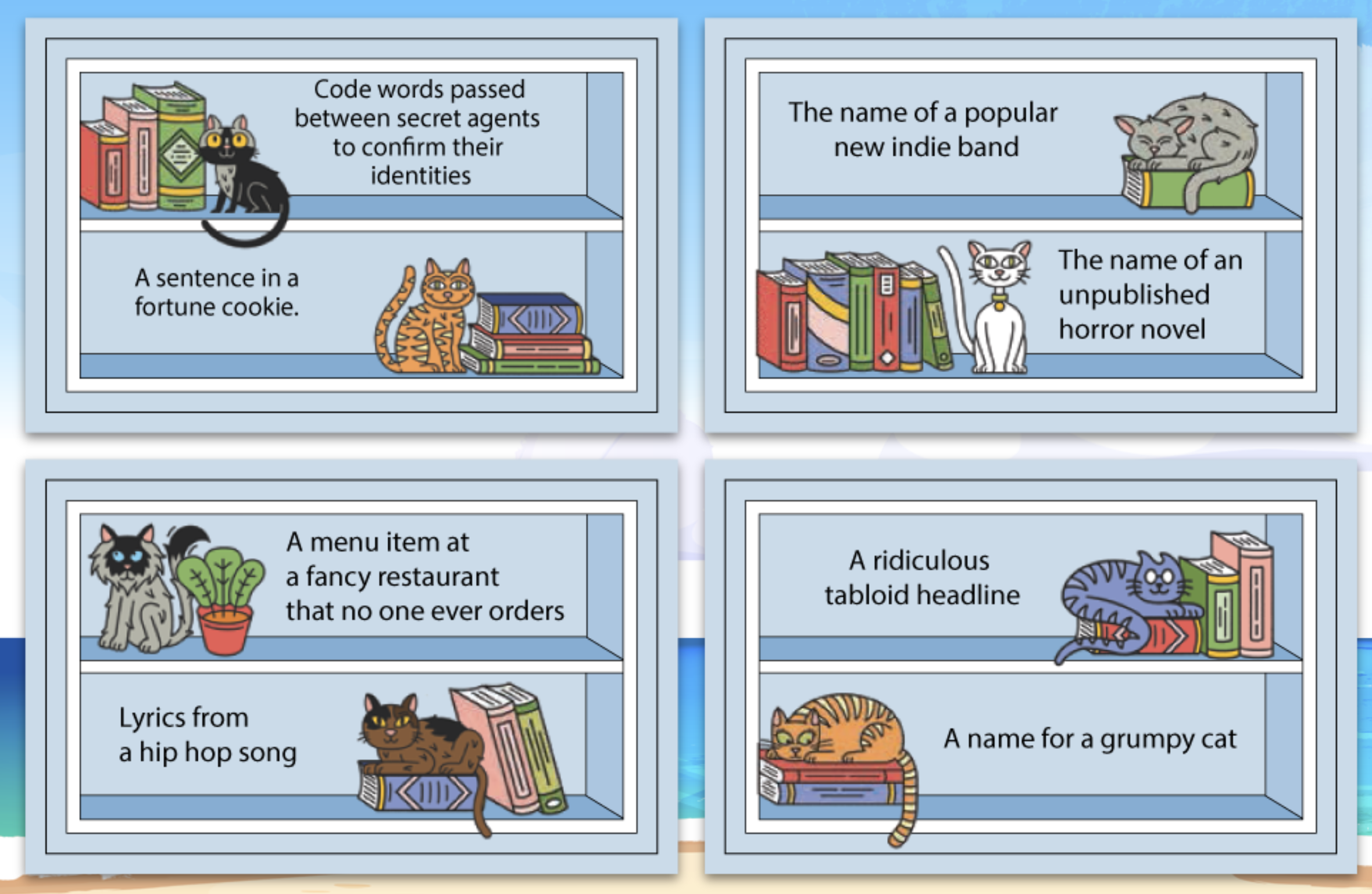 Four cards with cat-themed riddles and answers on a blue background