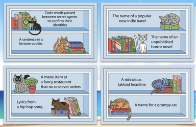 Four cards with cat-themed riddles and answers on a blue background