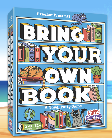 Board game box titled 'Bring Your Own Book' with colorful book illustrations on a blue background.