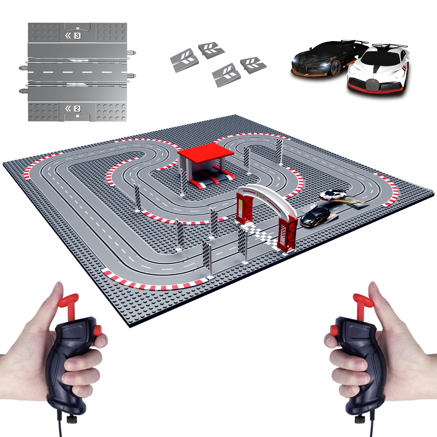 Toy race track set with control handles, cars, and additional track pieces on a white background.
