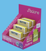 A J'adore squeeze butter display stand filled with yellow and white butter packs, shown on a solid light blue background.