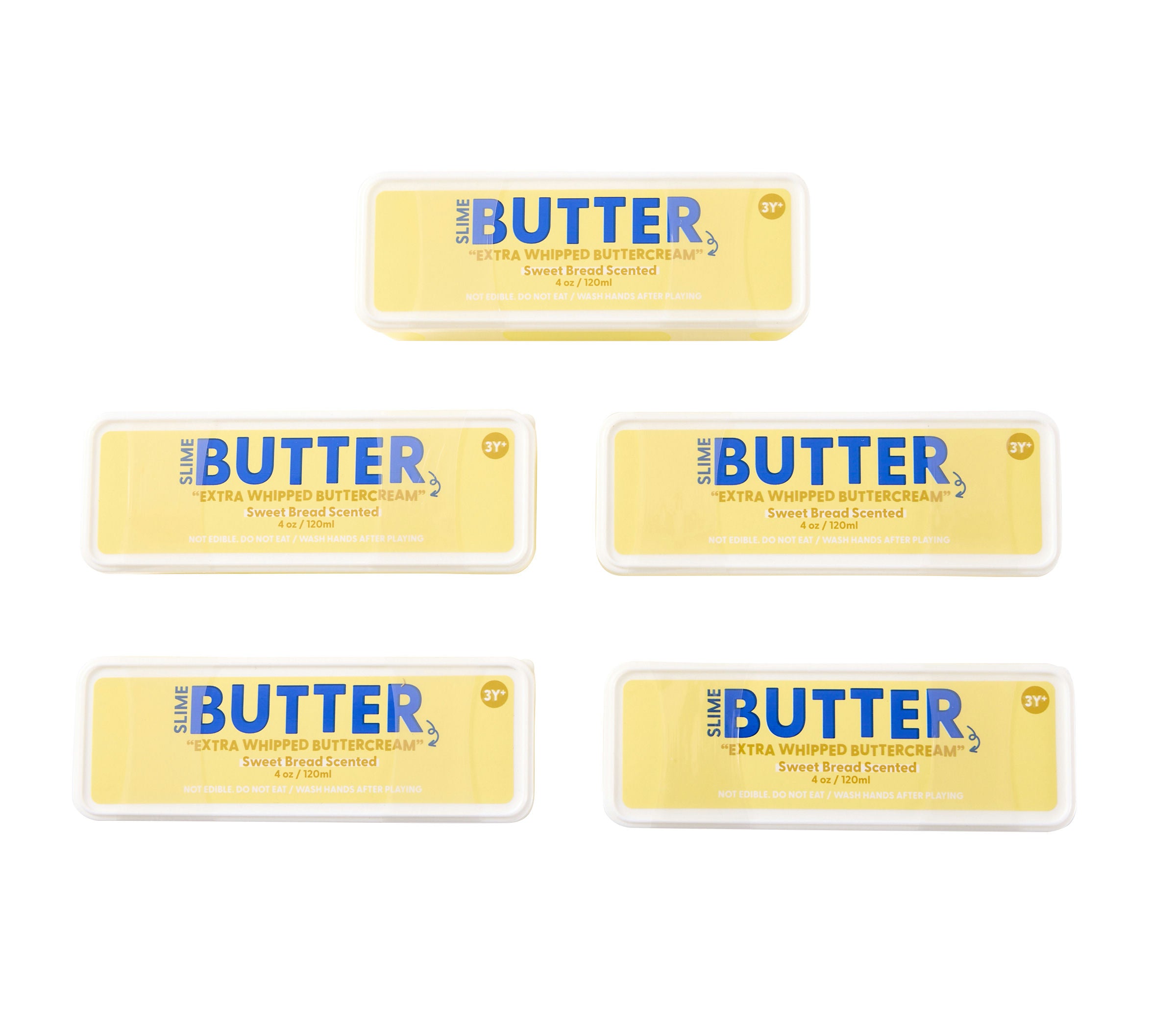 Five packages of Same Butter extra whipped buttercream and softened butter arranged on a plain white background.