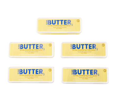Five packages of Same Butter extra whipped buttercream and softened butter arranged on a plain white background.