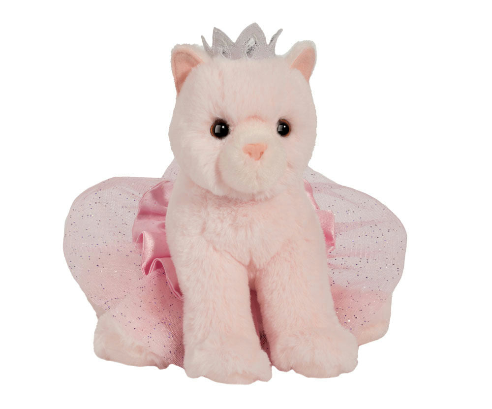 Pink plush cat toy with a tiara and pink skirt on a white background
