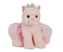 Pink plush cat toy with a tiara and pink skirt on a white background