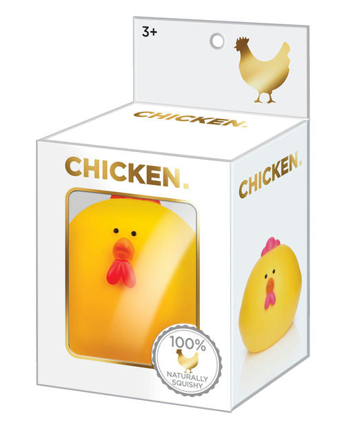 chicken squishy toy in white box white background