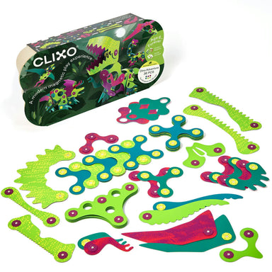 Clixo magnetic play set with colorful pieces and packaging on a white background
