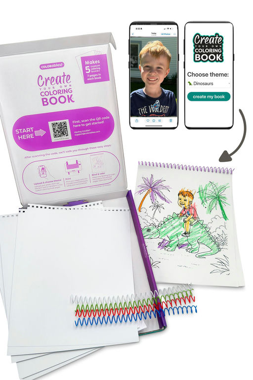 Coloring book set with coloring book, pencils, and smartphone app interface on a white background