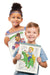 Two children holding coloring books with illustrations on a white background