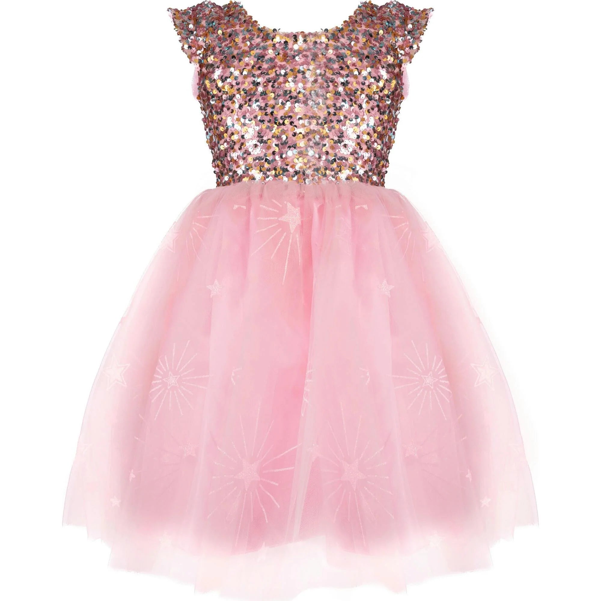 A girls' party dress with a sparkling rose gold sequined bodice and a fluffy light pink tulle skirt decorated with white starburst patterns.