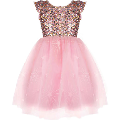 A girls' party dress with a sparkling rose gold sequined bodice and a fluffy light pink tulle skirt decorated with white starburst patterns.