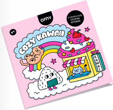 Coloring notebook with cartoon illustrations on a pink background, featuring the brand 'omy'.