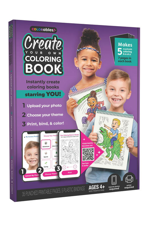 Colorabless Create Your Own Coloring Book box, featuring a purple packaging design with images of two children holding colorful coloring books, and digital preview mockups of the app on the front.