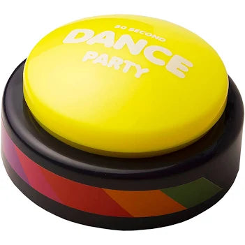 A round party game buzzers button with a bright yellow top featuring the text '30 SECOND DANCE PARTY' in white, mounted on a black base with diagonal red, orange, and green stripes.