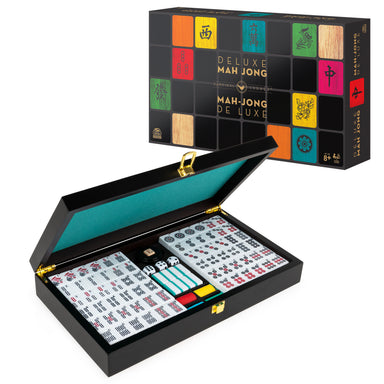 Deluxe Mahjong set with open box displaying tiles and components, against a white background.