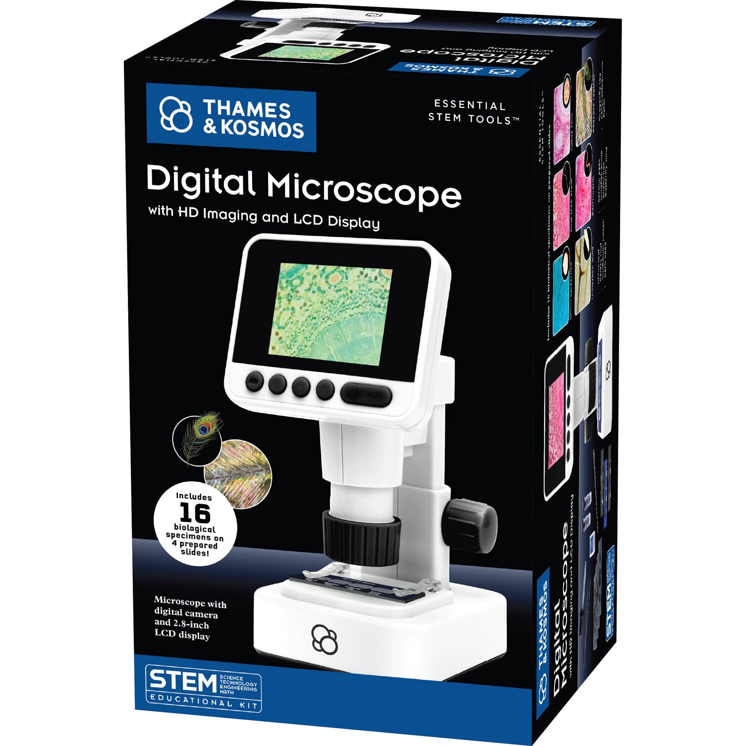 Boxed digital microscope with HD imaging and LCD display by Thames & Kosmos on a white background